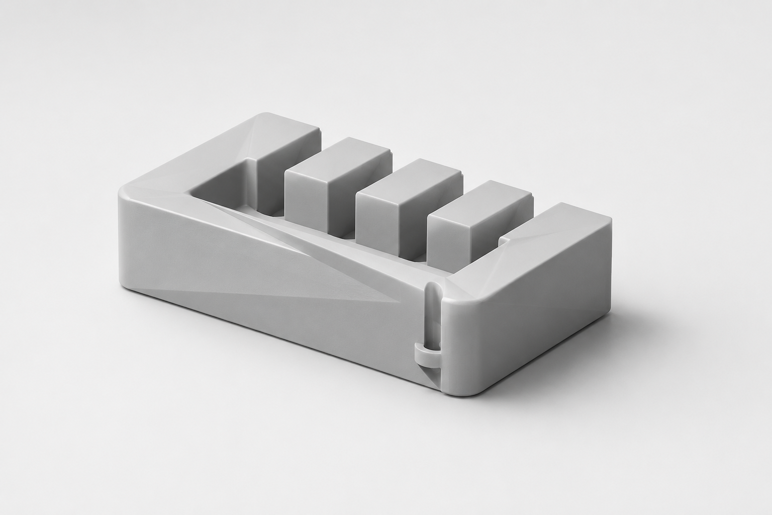 Studio-style render of a 3D-printable ENET cable organizer with cable slots and lower tray